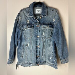 Zara Denim Jacket Distressed Button Women’s Size Medium Blue 100% Cotton